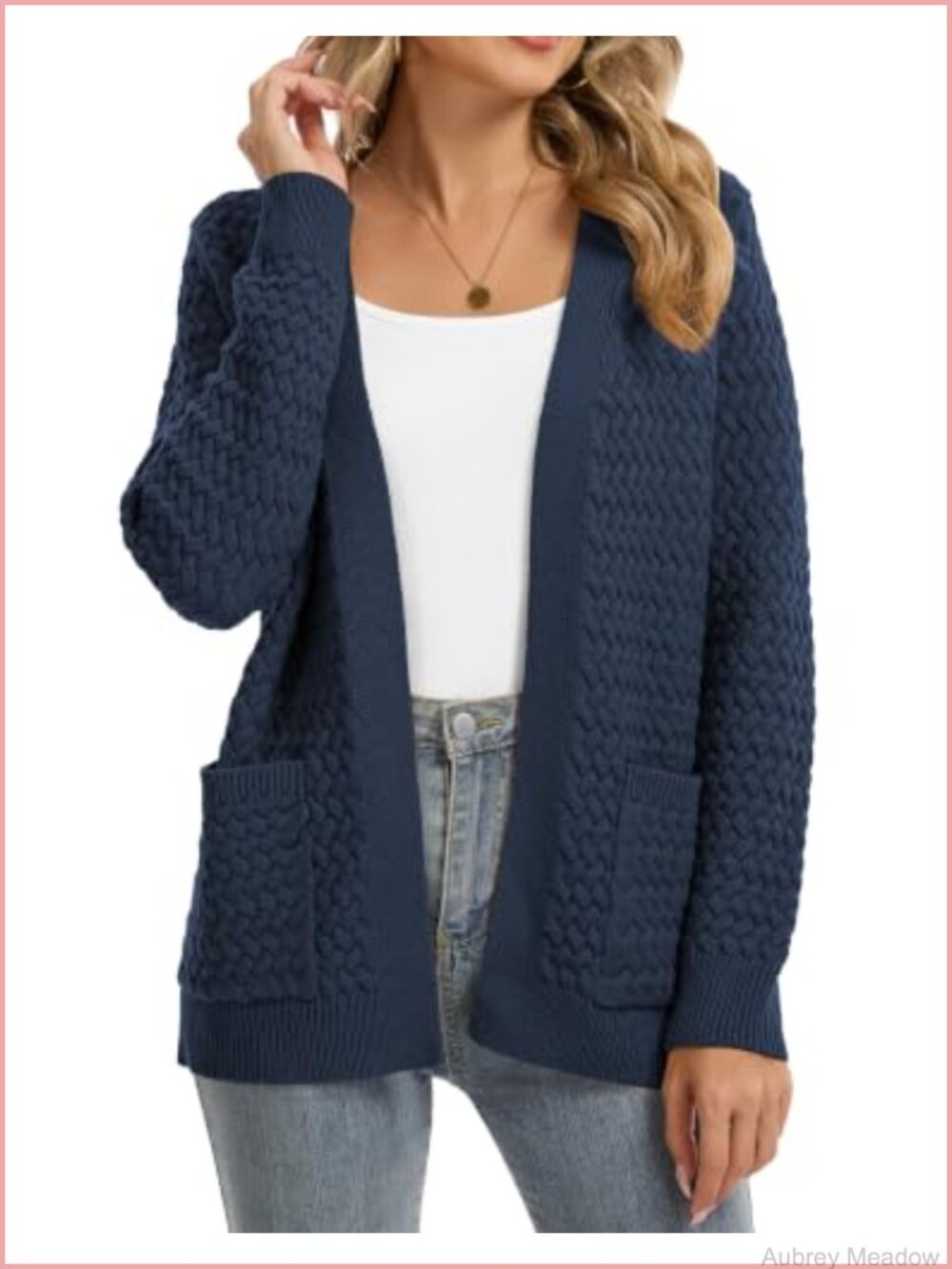 Cable Knit Open Front Cardigan Long Sleeve Chunky Sweater Coat with Pockets